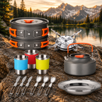 Camping Cookware Set, Portable Tableware Kit with Pots, Gas Burner, Kitchen Utensils for Outdoor Picnics, BBQ Supplies, Wholesale Luxury Options