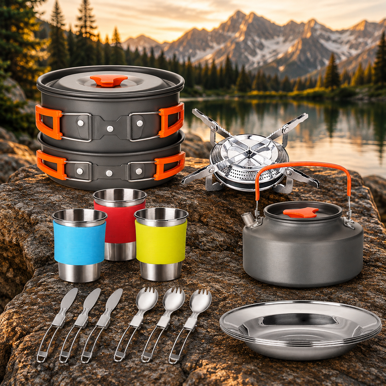 Camping Cookware Set, Portable Tableware Kit with Pots, Gas Burner, Kitchen Utensils for Outdoor Picnics, BBQ Supplies, Wholesale Luxury Options