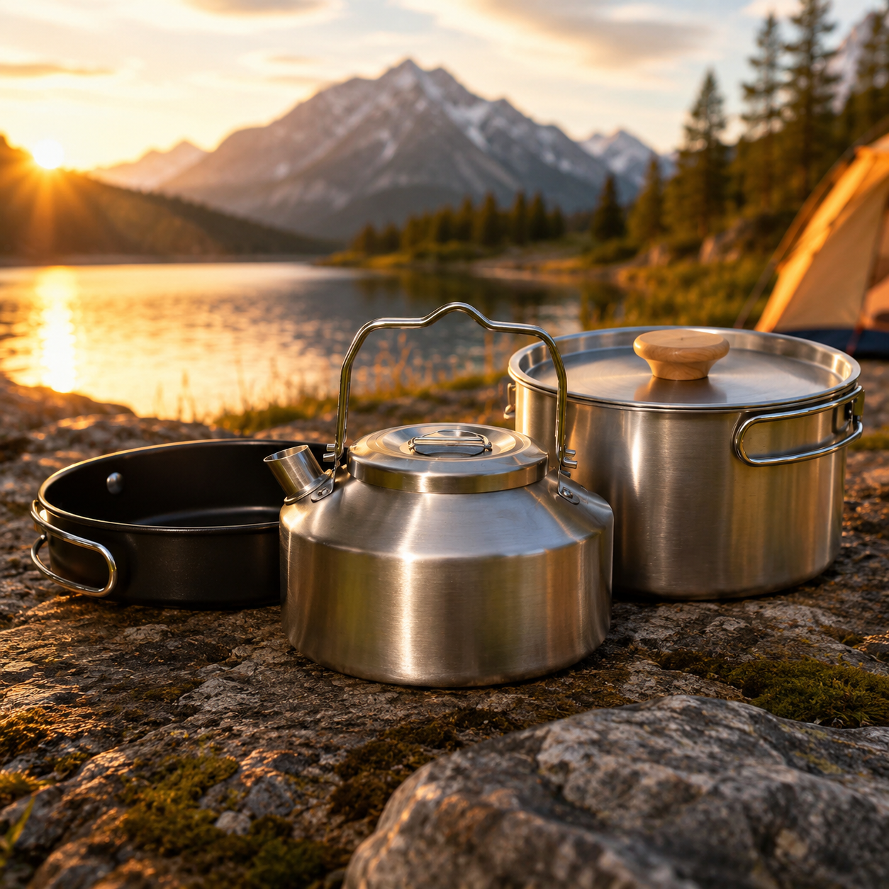 Stainless Steel Camping Cookware Set, Kettle, Pot, Pan - Outdoor Cooking Essentials for 2-3 Persons, Luxury Camping Gear, Wholesale Quality