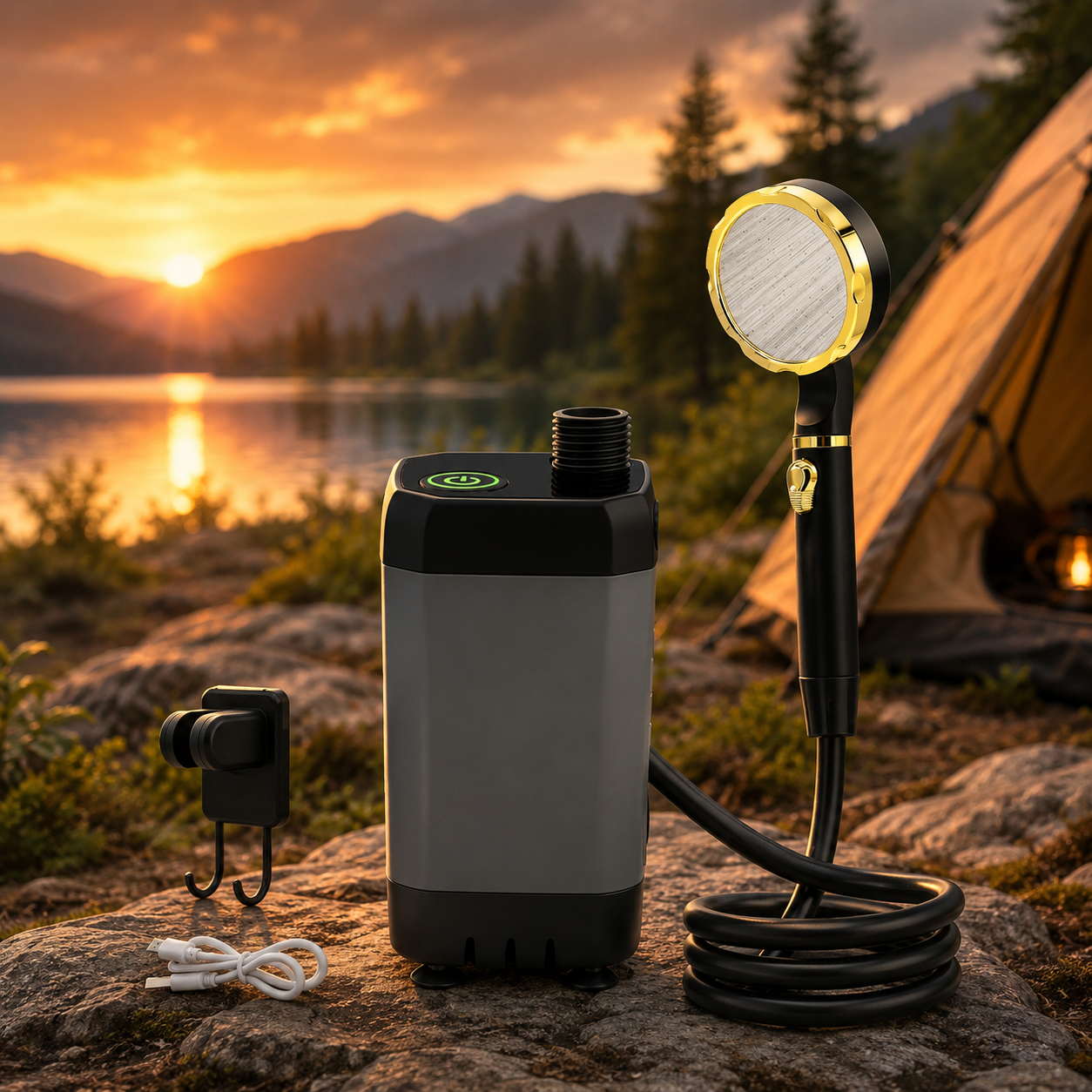 Camping Shower Pump, Portable RV Outdoor Shower Kit with Full Screen Digital Display, Adjustable 6000mAh Rechargeable, Lightweight