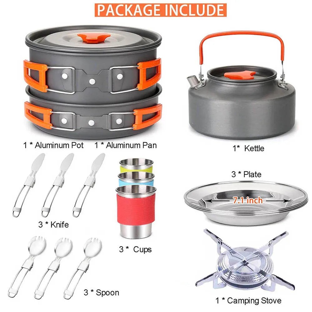 Camping Cookware Set, Portable Tableware Kit with Pots, Gas Burner, Kitchen Utensils for Outdoor Picnics, BBQ Supplies, Wholesale Luxury Options