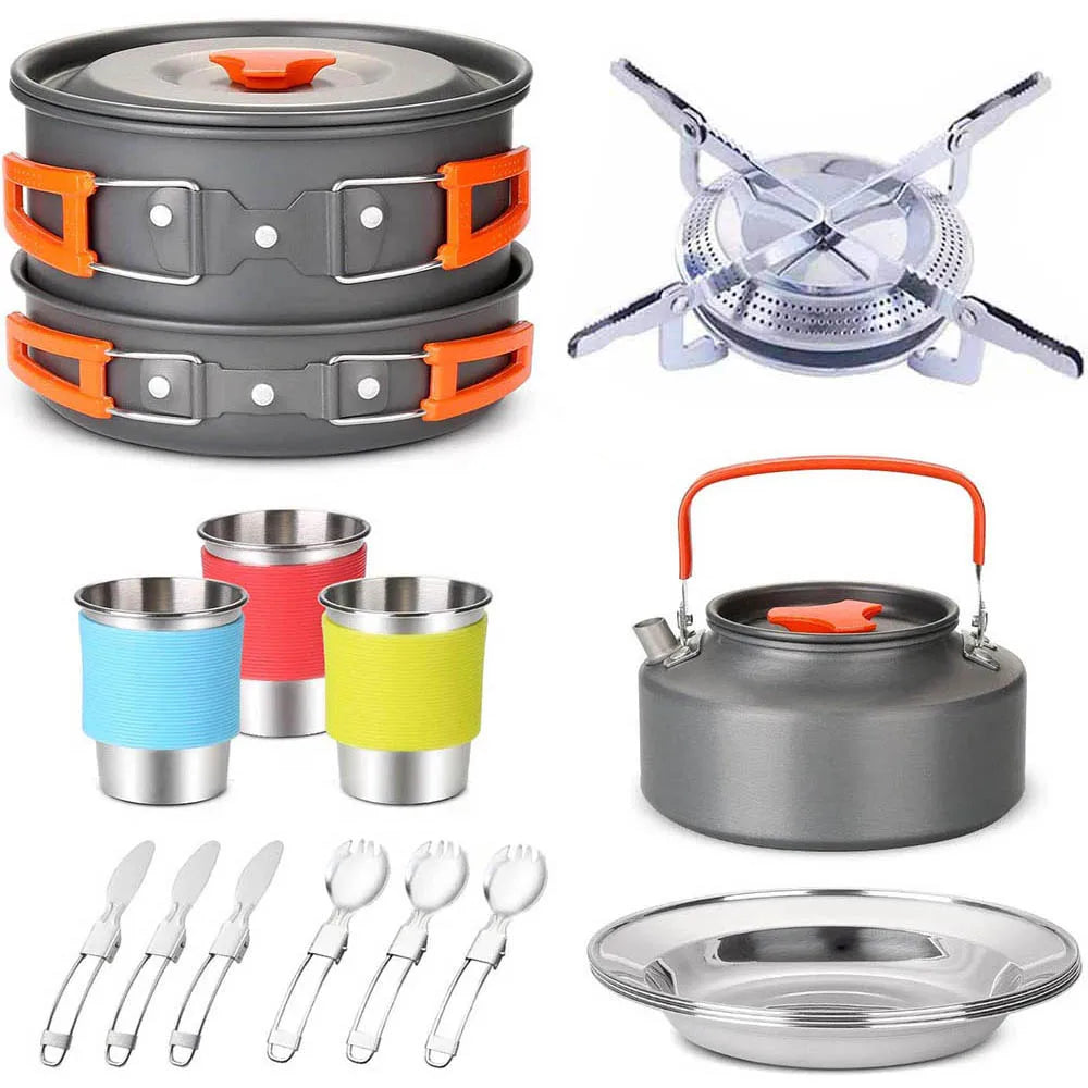 Camping Cookware Set, Portable Tableware Kit with Pots, Gas Burner, Kitchen Utensils for Outdoor Picnics, BBQ Supplies, Wholesale Luxury Options