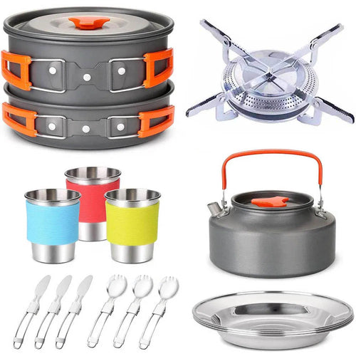 Camping Cookware Set, Portable Tableware Kit with Pots, Gas Burner, Kitchen Utensils for Outdoor Picnics, BBQ Supplies, Wholesale Luxury Options