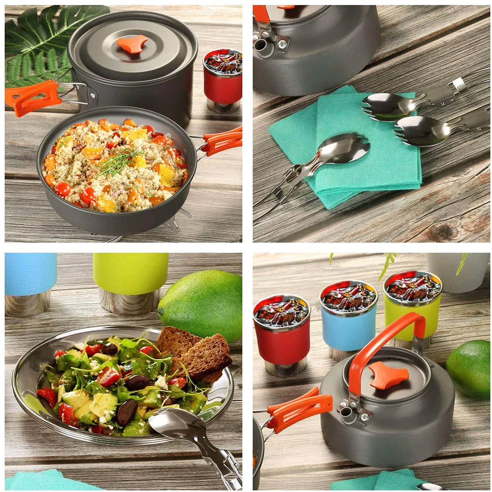 Camping Cookware Set, Portable Tableware Kit with Pots, Gas Burner, Kitchen Utensils for Outdoor Picnics, BBQ Supplies, Wholesale Luxury Options