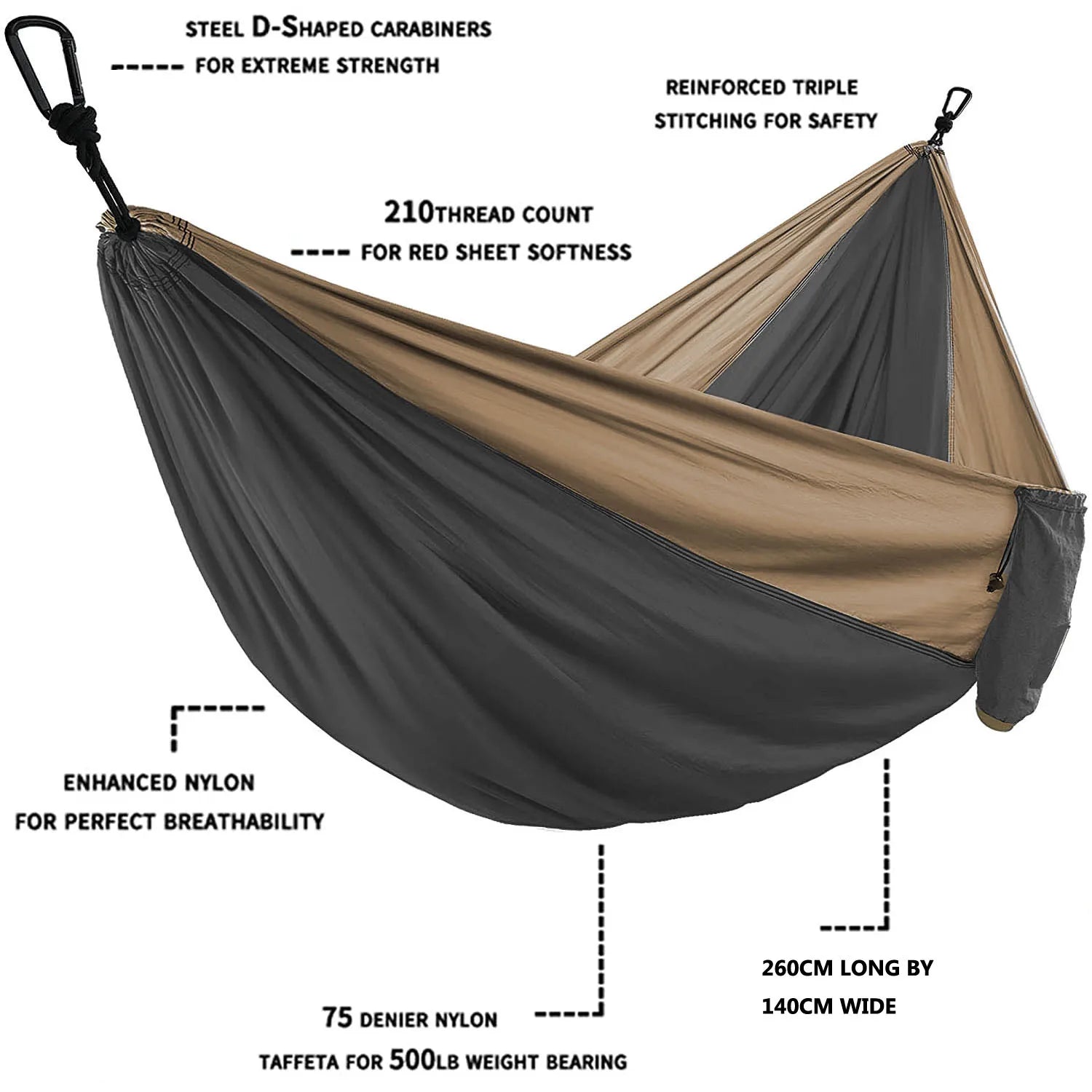 Double Person Parachute Hammock, Solid Color, Heavy Duty With Straps, Black Carabiner, Camping Outdoor Furniture, Luxury Experience, Wholesale Offer