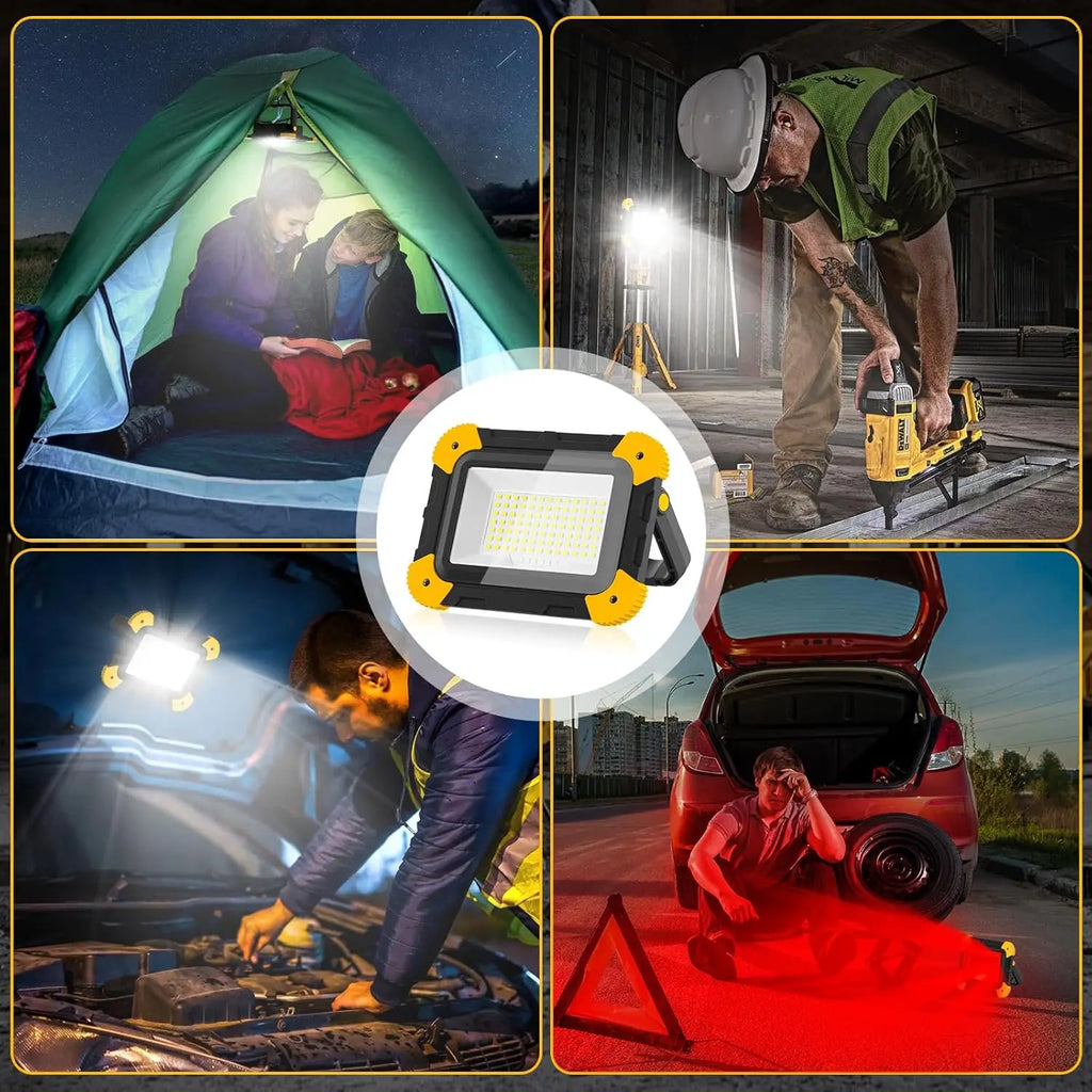 LED Work Spotlight, Portable Rechargeable Flood Light, 5 Mode Heavy Duty Design, Waterproof Camping Lamp for Garage, Fishing, Workshop