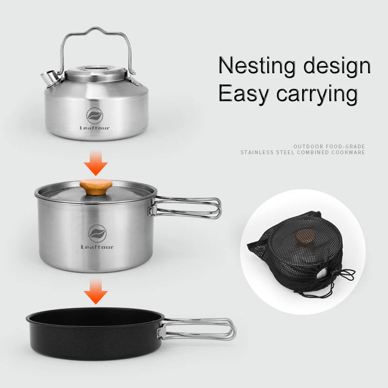 Stainless Steel Camping Cookware Set, Kettle, Pot, Pan - Outdoor Cooking Essentials for 2-3 Persons, Luxury Camping Gear, Wholesale Quality