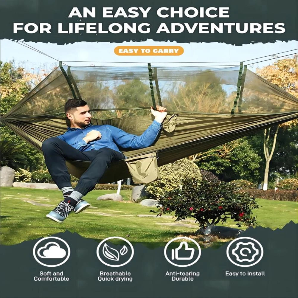 Portable Outdoor Double Mosquito Net Hammocks, Lightweight Hanging Swing, Ideal for Camping, Travel, Nature Hike, Wholesale, Luxury for Adventurers