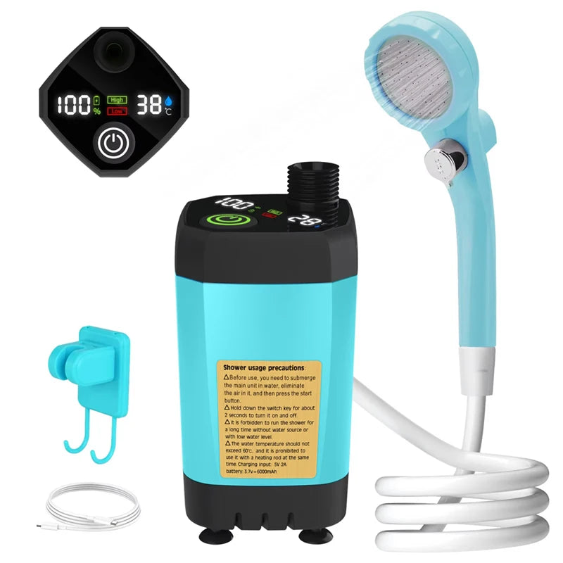 Camping Shower Pump, Portable RV Outdoor Shower Kit with Full Screen Digital Display, Adjustable 6000mAh Rechargeable, Lightweight