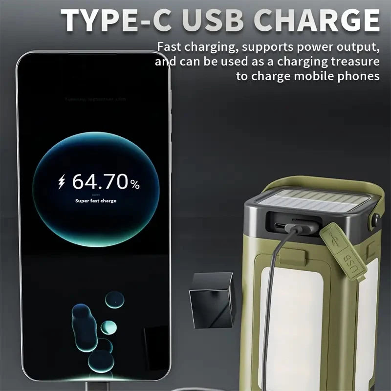 Portable Solar LED Flashlight and Power Bank, Rechargeable Luxury Lamp for Camping, Hiking, Fishing, Waterproof, Multi-Function, Wholesale