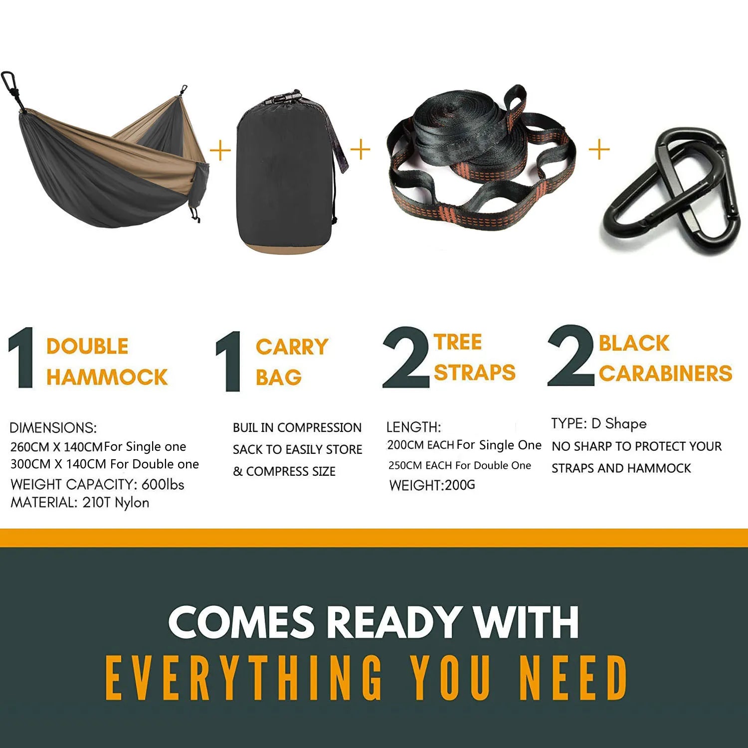Double Person Parachute Hammock, Solid Color, Heavy Duty With Straps, Black Carabiner, Camping Outdoor Furniture, Luxury Experience, Wholesale Offer