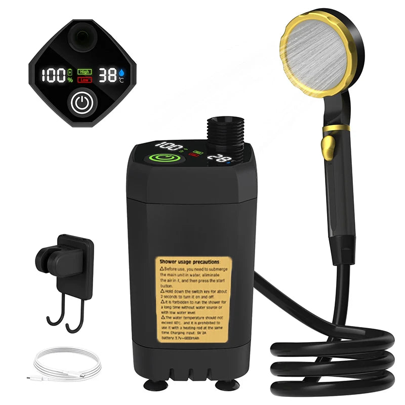 Camping Shower Pump, Portable RV Outdoor Shower Kit with Full Screen Digital Display, Adjustable 6000mAh Rechargeable, Lightweight
