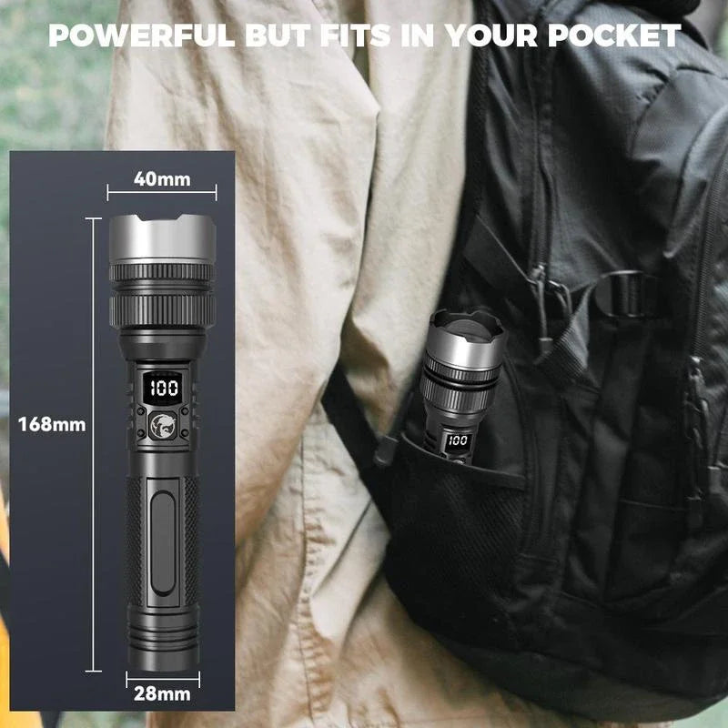 Super Bright LED Flashlight, Rechargeable USB-C, Digital Display, IPX8 Waterproof, Long Lasting for Camping and Emergency, Wholesale Luxury