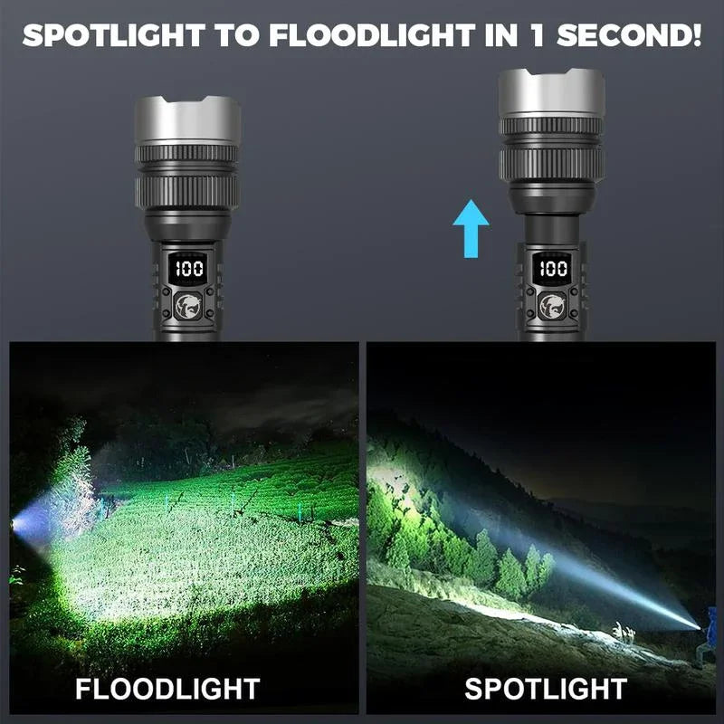 Super Bright LED Flashlight, Rechargeable USB-C, Digital Display, IPX8 Waterproof, Long Lasting for Camping and Emergency, Wholesale Luxury