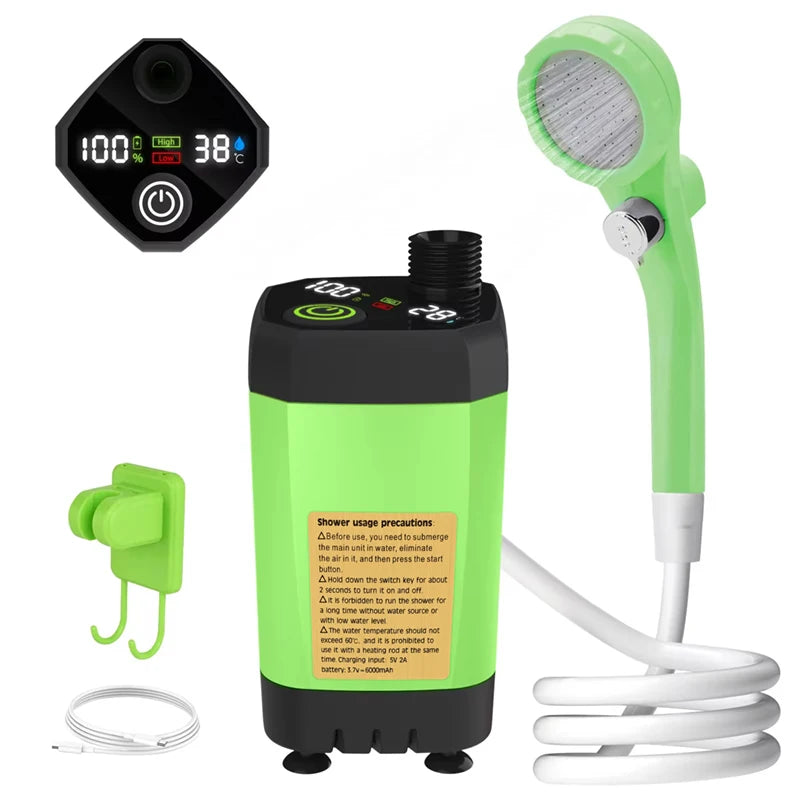 Camping Shower Pump, Portable RV Outdoor Shower Kit with Full Screen Digital Display, Adjustable 6000mAh Rechargeable, Lightweight