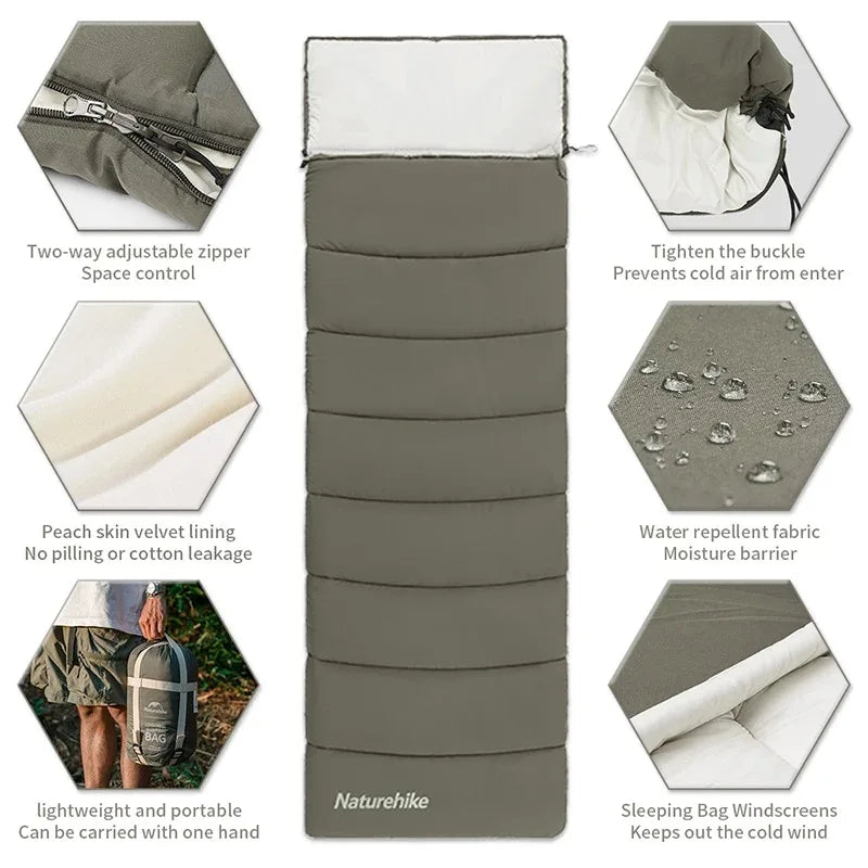 Envelope Sleeping Bag, Cotton Material, Portable Hooded Design, Single Splicable, Outdoor Camping for Adults, Luxury Quality, Wholesale