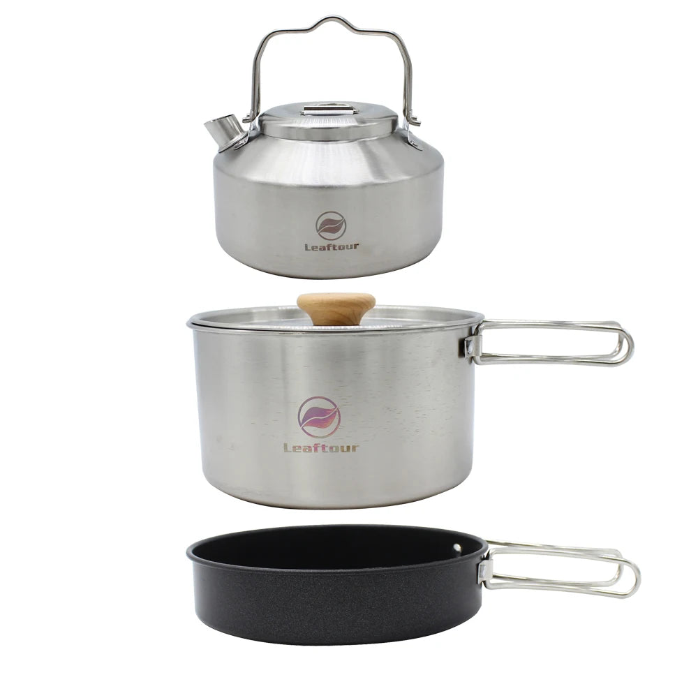 Stainless Steel Camping Cookware Set, Kettle, Pot, Pan - Outdoor Cooking Essentials for 2-3 Persons, Luxury Camping Gear, Wholesale Quality