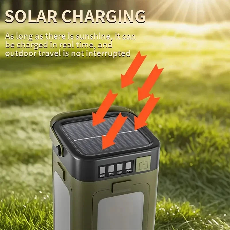 Portable Solar LED Flashlight and Power Bank, Rechargeable Luxury Lamp for Camping, Hiking, Fishing, Waterproof, Multi-Function, Wholesale