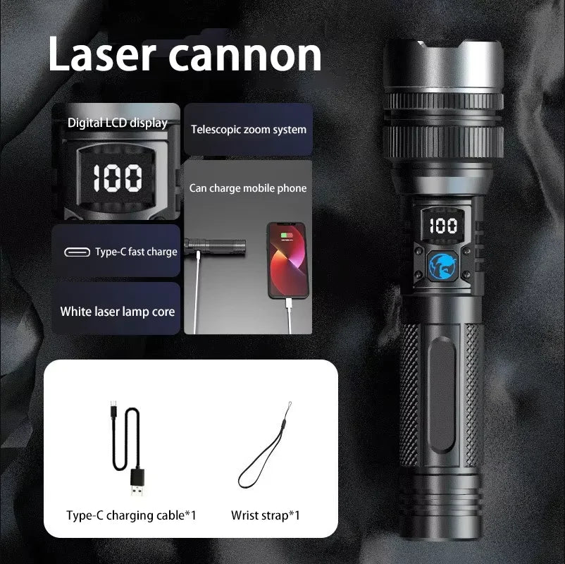 Super Bright LED Flashlight, Rechargeable USB-C, Digital Display, IPX8 Waterproof, Long Lasting for Camping and Emergency, Wholesale Luxury