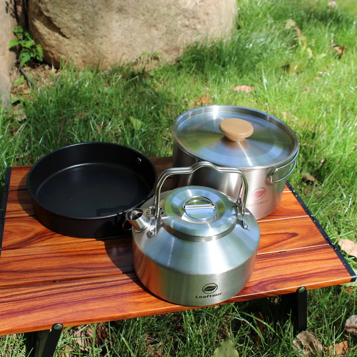 Stainless Steel Camping Cookware Set, Kettle, Pot, Pan - Outdoor Cooking Essentials for 2-3 Persons, Luxury Camping Gear, Wholesale Quality