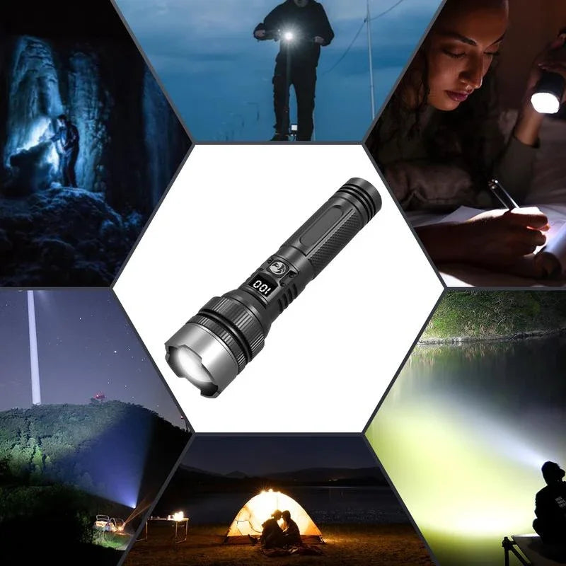 Super Bright LED Flashlight, Rechargeable USB-C, Digital Display, IPX8 Waterproof, Long Lasting for Camping and Emergency, Wholesale Luxury