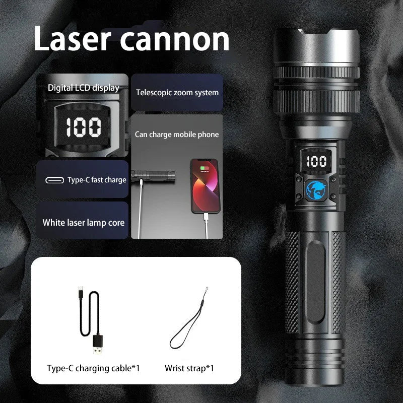 Super Bright LED Flashlight, Rechargeable USB-C, Digital Display, IPX8 Waterproof, Long Lasting for Camping and Emergency, Wholesale Luxury