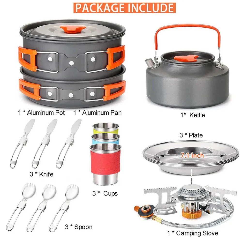 Camping Cookware Set, Portable Tableware Kit with Pots, Gas Burner, Kitchen Utensils for Outdoor Picnics, BBQ Supplies, Wholesale Luxury Options