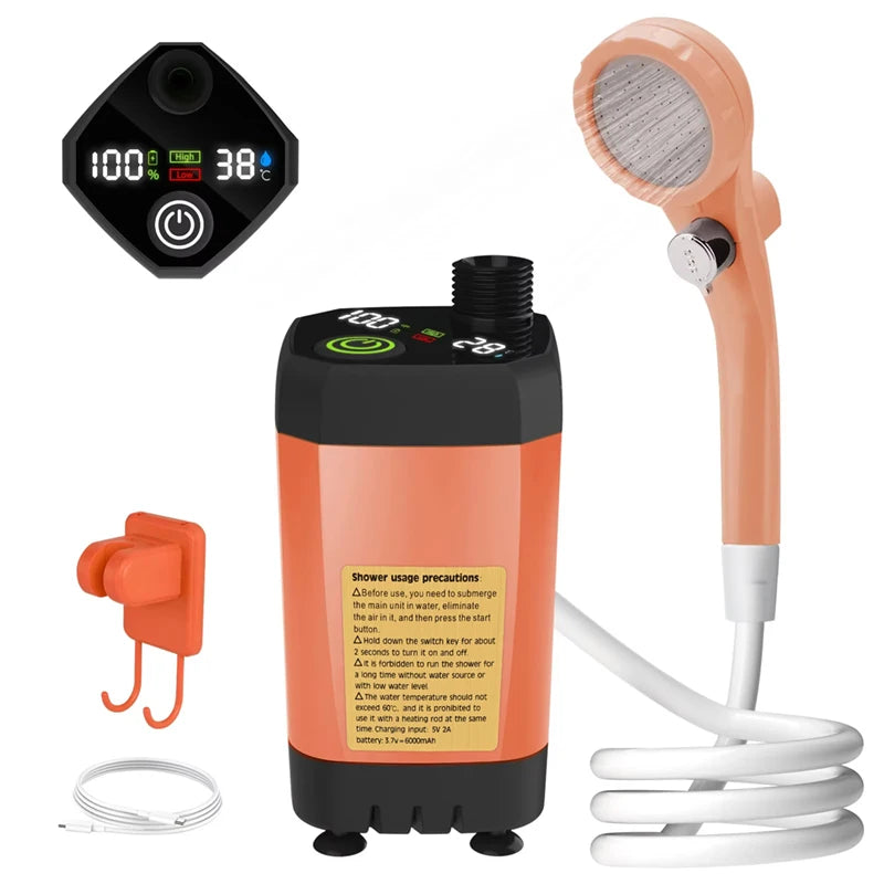 Camping Shower Pump, Portable RV Outdoor Shower Kit with Full Screen Digital Display, Adjustable 6000mAh Rechargeable, Lightweight