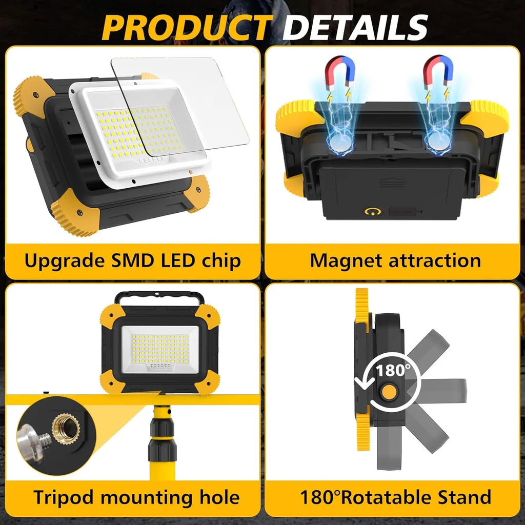 LED Work Spotlight, Portable Rechargeable Flood Light, 5 Mode Heavy Duty Design, Waterproof Camping Lamp for Garage, Fishing, Workshop