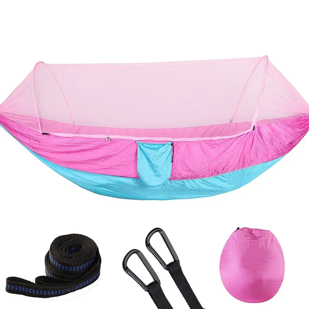 Camping Hammock with Mosquito Net, Portable Parachute Material, Lightweight Swing Bed for Outdoor Adventures, Wholesale Luxury Travel Gear